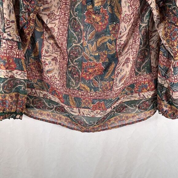 Democracy Blouse Womens Medium Brown Green Gold Metallic Sheer Vneck - Picture 3 of 10